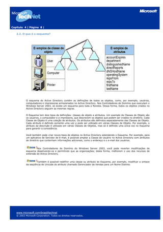 Capítulo 4 | Página 8 |

   2.2. O que é o esquema?




           O esquema do Active Directory contém as definições de todos os objetos, como, por exemplo, usuários,
           computadores e impressoras armazenados no Active Directory. Nos Controladores de Domínio que executam o
           Windows Server 2003, só existe um esquema para toda a floresta. Dessa forma, todos os objetos criados no
           Active Directory seguem as mesmas regras.

           O Esquema tem dois tipos de definições: classes de objeto e atributos. Um exemplo de Classes de Objeto são
           os usuários, o computador e a impressora, que descrevem os objetos que podem ser criados no diretório. Cada
           Classe de Objeto é uma coleção de atributos. Os atributos são definidos separadamente das Classes de Objeto.
           Cada atributo é definido somente uma vez e pode ser utilizado em várias Classes de Objeto. Por exemplo, o
           atributo da descrição é utilizado em várias Classes de Objetos, mas só é definido uma única vez no Esquema
           para garantir a consistência.

           Você também pode criar novos tipos de objetos no Active Directory estendendo o Esquema. Por exemplo, para
           um aplicativo de Servidor de E-mail, é possível ampliar a Classe de Usuário no Active Directory com atributos
           de diretório que contenham informações adicionais, como o endereço e o e-mail dos usuários.


                    Nos Controladores de Domínio do Windows Server 2003, você pode reverter modificações de
           esquema desativando-os e permitindo que as organizações; desta forma, melhorem o uso dos recursos de
           extensão do Active Directory.


                    Também é possível redefinir uma classe ou atributo do Esquema, por exemplo, modificar a sintaxe
           da seqüência de Unicode do atributo chamado Gerenciador de Vendas para um Nome Distinto.




   www.microsoft.com/brasil/technet
   © 2003 Microsoft Corporation. Todos os direitos reservados.
 