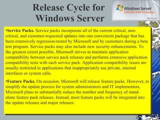 Release Cycle for  Windows Server Service Packs.  Service packs incorporate all of the current critical, non-critical, and customer-requested updates into one convenient package that has been extensively regression-tested by Microsoft and by customers during a beta test program. Service packs may also include new security enhancements. To the greatest extent possible, Microsoft strives to maintain application compatibility between service pack releases and performs extensive application compatibility tests with each service pack. Application compatibility issues are usually restricted to applications that inappropriately use private, internal interfaces or system calls. Feature Packs.  On occasion, Microsoft will release feature packs. However, to simplify the update process for system administrators and IT implementers, Microsoft plans to substantially reduce the number and frequency of stand-alone feature pack releases. Instead, most feature packs will be integrated into the update releases and major releases. 