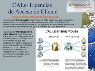 CALs- Licencias  de Acceso de Cliente En el modo “ Por Servidor ”, las Windows CALs adquiridas deben igualar al numero total de usuarios y/o dispositivos que acceden al software del servidor en un tiempo determinado. Por ejemplo, en este modo, el máximo de conexiones concurrentes es igual al número de CALs adquiridas.  Modos de licenciamiento de Windows CAL En el modo “ Por Dispositivo o Por Usuario ”, las Windows CALs deben ser adquiridas para cada dispositivo o usuario con el propósito de que ese dispositivo o usuario accedan a todos los servidores instalados en ese modo. No existe un límite para el número de dispositivos o usuarios que acceden a un servidor en un tiempo determinado. 