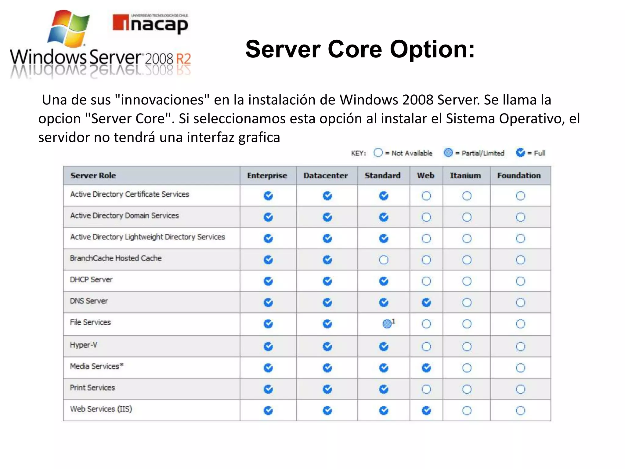 Server Core Option:
 Una de sus "innovaciones" en la instalación de Windows 2008 Server. Se llama la
opcion "Server Core". Si seleccionamos esta opción al instalar el Sistema Operativo, el
servidor no tendrá una interfaz grafica
 