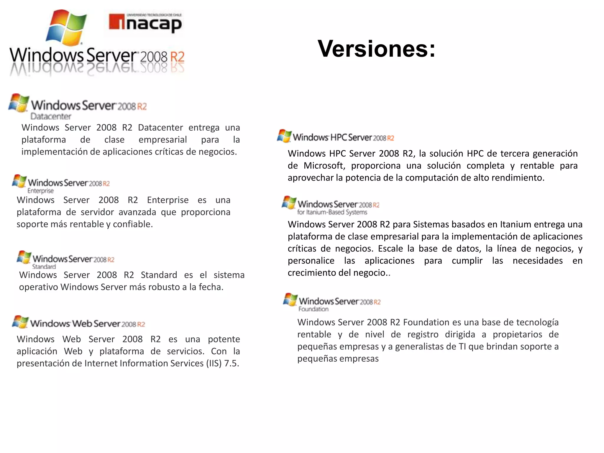 Versiones:


 Windows Server 2008 R2 Datacenter entrega una
 plataforma de clase empresarial para la
 implementación de aplicaciones críticas de negocios.      Windows HPC Server 2008 R2, la solución HPC de tercera generación
                                                           de Microsoft, proporciona una solución completa y rentable para
                                                           aprovechar la potencia de la computación de alto rendimiento.

Windows Server 2008 R2 Enterprise es una
plataforma de servidor avanzada que proporciona
soporte más rentable y confiable.                          Windows Server 2008 R2 para Sistemas basados en Itanium entrega una
                                                           plataforma de clase empresarial para la implementación de aplicaciones
                                                           críticas de negocios. Escale la base de datos, la línea de negocios, y
                                                           personalice las aplicaciones para cumplir las necesidades en
Windows Server 2008 R2 Standard es el sistema              crecimiento del negocio..
operativo Windows Server más robusto a la fecha.


                                                             Windows Server 2008 R2 Foundation es una base de tecnología
Windows Web Server 2008 R2 es una potente                    rentable y de nivel de registro dirigida a propietarios de
aplicación Web y plataforma de servicios. Con la             pequeñas empresas y a generalistas de TI que brindan soporte a
presentación de Internet Information Services (IIS) 7.5.     pequeñas empresas
 