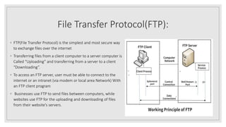 File Transfer Protocol(FTP):
◦ FTP(File Transfer Protocol) is the simplest and most secure way
to exchange files over the internet
◦ Transferring files from a client computer to a server computer is
Called “Uploading” and transferring from a server to a client
“Downloading”.
◦ To access an FTP server, user must be able to connect to the
internet or an intranet (via modem or local area Network) With
an FTP client program
◦ Businesses use FTP to send files between computers, while
websites use FTP for the uploading and downloading of files
from their website's servers.
 