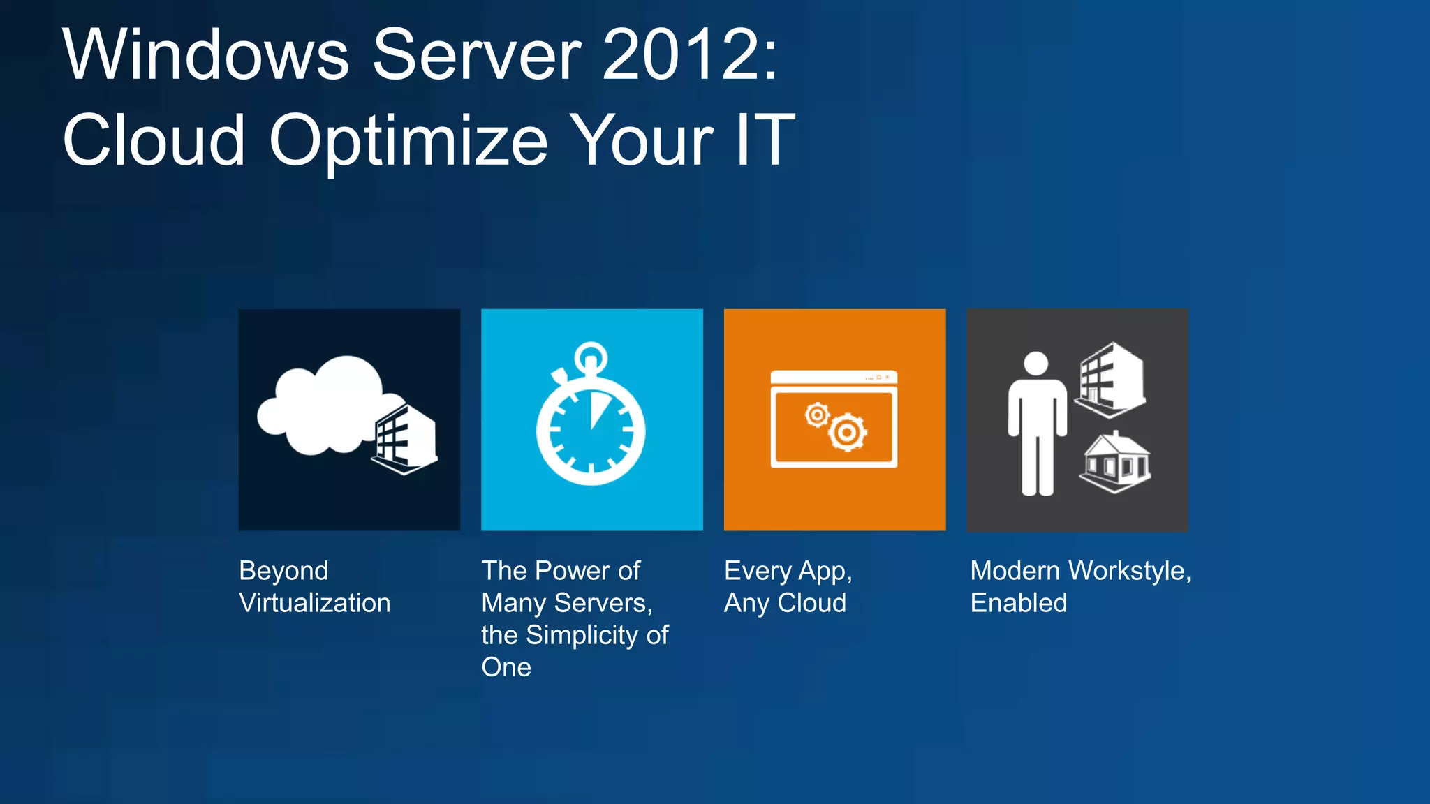 Windows Server 2012:
Cloud Optimize Your IT




     Beyond           The Power of        Every App,   Modern Workstyle,
     Virtualization   Many Servers,       Any Cloud    Enabled
                      the Simplicity of
                      One
 