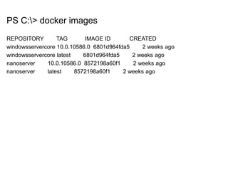 PS C:> docker images
REPOSITORY TAG IMAGE ID CREATED
windowsservercore 10.0.10586.0 6801d964fda5 2 weeks ago
windowsservercore latest 6801d964fda5 2 weeks ago
nanoserver 10.0.10586.0 8572198a60f1 2 weeks ago
nanoserver latest 8572198a60f1 2 weeks ago
 