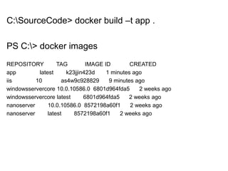 C:SourceCode> docker build –t app .
PS C:> docker images
REPOSITORY TAG IMAGE ID CREATED
app latest k23jjin423d 1 minutes ago
iis 10 as4w9c928829 9 minutes ago
windowsservercore 10.0.10586.0 6801d964fda5 2 weeks ago
windowsservercore latest 6801d964fda5 2 weeks ago
nanoserver 10.0.10586.0 8572198a60f1 2 weeks ago
nanoserver latest 8572198a60f1 2 weeks ago
 