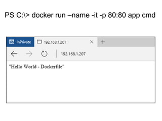 PS C:> docker run –name -it -p 80:80 app cmd
 