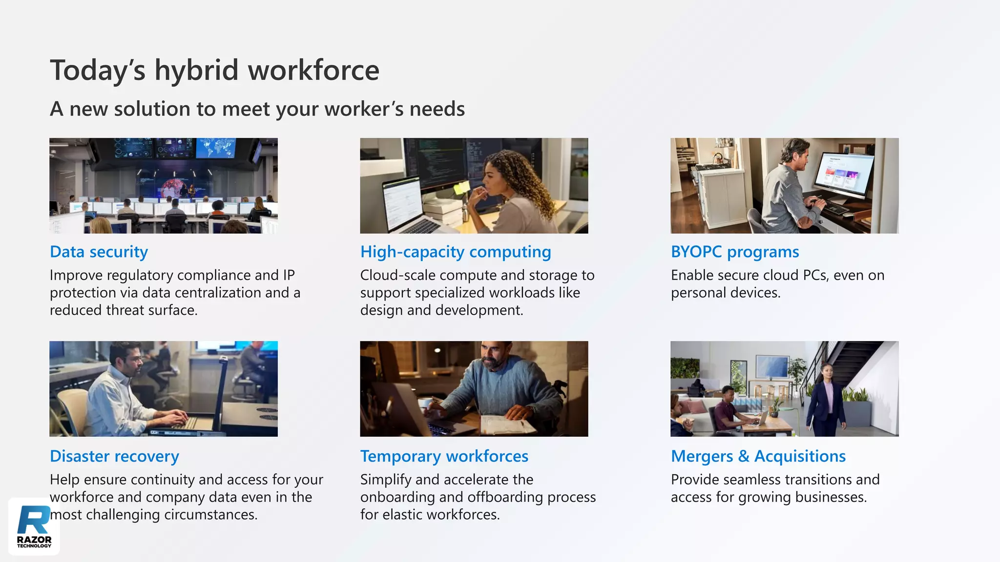 Today’s hybrid workforce
A new solution to meet your worker’s needs
Improve regulatory compliance and IP
protection via data centralization and a
reduced threat surface.
Data security
Enable secure cloud PCs, even on
personal devices.
BYOPC programs
Cloud-scale compute and storage to
support specialized workloads like
design and development.
High-capacity computing
Help ensure continuity and access for your
workforce and company data even in the
most challenging circumstances.
Disaster recovery
Provide seamless transitions and
access for growing businesses.
Mergers & Acquisitions
Simplify and accelerate the
onboarding and offboarding process
for elastic workforces.
Temporary workforces
 