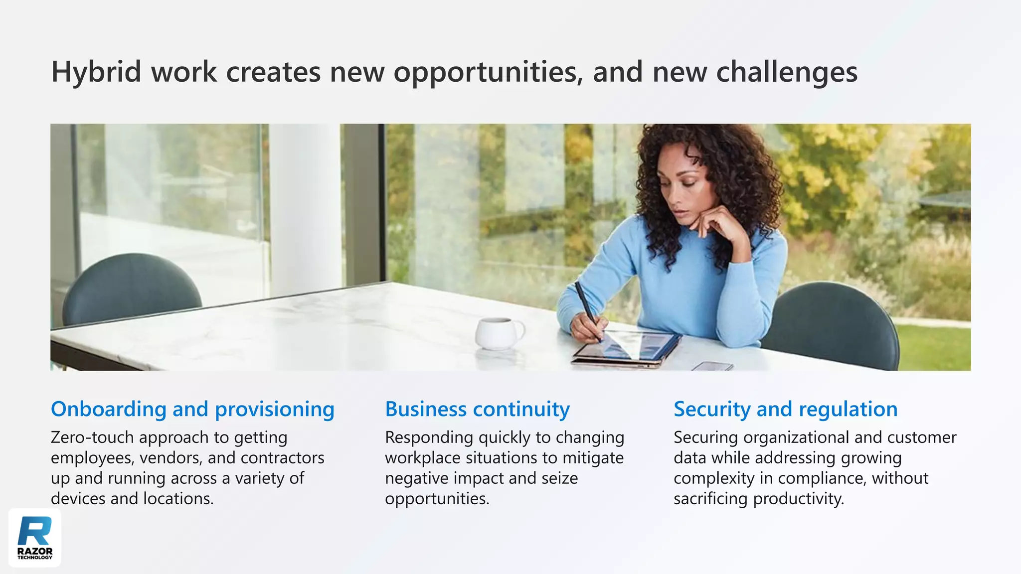 Hybrid work creates new opportunities, and new challenges
Zero-touch approach to getting
employees, vendors, and contractors
up and running across a variety of
devices and locations.
Onboarding and provisioning
Securing organizational and customer
data while addressing growing
complexity in compliance, without
sacrificing productivity.
Security and regulation
Responding quickly to changing
workplace situations to mitigate
negative impact and seize
opportunities.
Business continuity
 