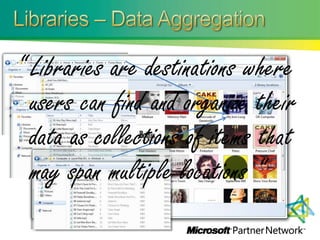 Libraries – Data Aggregation,[object Object],“ Libraries are destinations where users can find and organize their data as collections of items that may span multiple locations “,[object Object]
