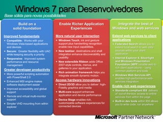 Windows 7 paraDesenvolvedores,[object Object],Base sólidaparanovaspossibilidades,[object Object],Enable Richer Application Experiences,[object Object],More natural user interaction ,[object Object],Windows Touch, ink and gesture support plus handwriting recognition enable new input capabilities.,[object Object],New taskbar, destinations and shell integration enhance discoverability and usability,[object Object],New extensible Ribbon adds Office 2007-style controls, menus, and galleries to your application.,[object Object],Rich animation framework helps you integrate smooth dynamic motion.,[object Object],Access hardware innovations,[object Object],Direct 2D/3D allow you to deliver  high-Fidelity graphics and media ,[object Object],Multi-core support enhances application and device performance,[object Object],Device Stage enables rich, customizable software experiences for connected devices,[object Object],Build on a solid foundation,[object Object],Improved fundamentals,[object Object],Compatible:  Works with your Windows Vista-based applications and devices,[object Object],Secure:  Greater flexibility with UAC while keeping security a priority,[object Object],Responsive:  Improved system performance and resource management,[object Object],Greater developer productivity,[object Object],More powerful scripting automation with PowerShell 2.0 ,[object Object],Enhanced MSI engine makes software deployment easier,[object Object],Improved accessibility and global support,[object Object],Remote and virtual multi-monitor support,[object Object],Simpler VHD mounting from within explorer,[object Object],Integrate the best of Windows and web services,[object Object],Extend web services to client applications,[object Object],Federated Search allows you to extend local search to web data sources within your client application.,[object Object],Internet Explorer 8, Silverlight and Windows Presentation Foundation (WPF) enable web to rich client applications – using common platform and tools,[object Object],Windows Web Services API enables high-performance web-services integration.,[object Object],Enable rich web experiences,[object Object],Standards compliant IE8  delivers of ‘out-of-the-box’ access to online services from within the page,[object Object],Built-in dev tools within IE8 allows you to write code, run anywhere,[object Object]
