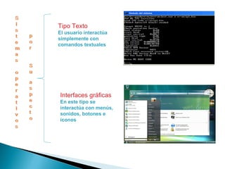 Tipo Texto El usuario interactúa simplemente con comandos textuales Interfaces gráficas En este tipo se interactúa con menús, sonidos, botones e íconos 
