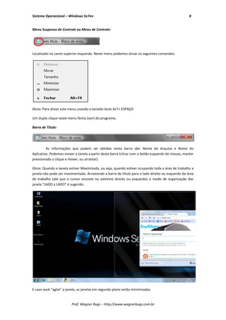 Sistema Operacional – Windows Se7en                                                               8


Menu Suspenso de Controle ou Menu de Controle:




Localizado no canto superior esquerdo. Neste menu podemos ativar os seguintes comandos:




Dicas: Para ativar este menu usando o teclado tecle ALT+ ESPAÇO.

Um duplo clique neste menu fecha (sair) do programa.

Barra de Título:




         As informações que podem ser obtidas nesta barra são: Nome do Arquivo e Nome do
Aplicativo. Podemos mover a Janela a partir desta barra (clicar com o botão esquerdo do mouse, manter
pressionado o clique e mover, ou arrastar).

Dicas: Quando a Janela estiver Maximizada, ou seja, quando estiver ocupando toda a área de trabalho a
janela não pode ser movimentada. Arrastando a barra de título para o lado direito ou esquerdo da área
de trabalho (até que o cursor encoste no extremo direito ou esquerdo) o modo de organização das
janela “LADO a LADO” é sugerido.




E caso você “agite” a janela, as janelas em segundo plano serão minimizadas.


                         Prof. Wagner Bugs – http://www.wagnerbugs.com.br
 