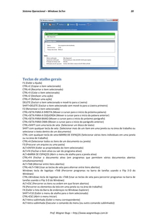 Sistema Operacional – Windows Se7en                                                             20




Teclas de atalho gerais
F1 (Exibir a Ajuda)
CTRL+C (Copiar o item selecionado)
CTRL+X (Recortar o item selecionado)
CTRL+V (Colar o item selecionado)
CTRL+Z (Desfazer uma ação)
CTRL+Y (Refazer uma ação)
DELETE (Excluir o item selecionado e movê-lo para a Lixeira)
SHIFT+DELETE (Excluir o item selecionado sem movê-lo para a Lixeira primeiro)
F2 (Renomear o item selecionado)
CTRL+SETA PARA A DIREITA (Mover o cursor para o início da próxima palavra)
CTRL+SETA PARA A ESQUERDA (Mover o cursor para o início da palavra anterior)
CTRL+SETA PARA BAIXO (Mover o cursor para o início do próximo parágrafo)
CTRL+SETA PARA CIMA (Mover o cursor para o início do parágrafo anterior)
CTRL+SHIFT com uma tecla de seta (Selecionar um bloco de texto)
SHIFT com qualquer tecla de seta (Selecionar mais de um item em uma janela ou na área de trabalho ou
selecionar o texto dentro de um documento)
CTRL com qualquer tecla de seta+BARRA DE ESPAÇOS (Selecionar vários itens individuais em uma janela
ou na área de trabalho)
CTRL+A (Selecionar todos os itens de um documento ou janela)
F3 (Procurar um arquivo ou uma pasta)
ALT+ENTER (Exibir as propriedades do item selecionado)
ALT+F4 (Fechar o item ativo ou sair do programa ativo)
ALT+BARRA DE ESPAÇOS (Abrir o menu de atalho para a janela ativa)
CTRL+F4 (Fechar o documento ativo (em programas que permitem vários documentos abertos
simultaneamente))
ALT+TAB (Alternar entre itens abertos)
CTRL+ALT+TAB (Usar as teclas de seta para alternar entre itens abertos)
Windows tecla de logotipo +TAB (Percorrer programas na barra de tarefas usando o Flip 3-D do
Windows)
CTRL+Windows tecla de logotipo do +TAB (Usar as teclas de seta para percorrer programas na barra de
tarefas usando o Flip 3-D do Windows)
ALT+ESC (Percorrer os itens na ordem em que foram abertos)
F6 (Percorrer os elementos da tela em uma janela ou na área de trabalho)
F4 (Exibir a lista da Barra de endereços no Windows Explorer)
SHIFT+F10 (Exibir o menu de atalho para o item selecionado)
CTRL+ESC (Abrir o menu Iniciar)
ALT+letra sublinhada (Exibir o menu correspondente)
ALT+letra sublinhada (Executar o comando do menu (ou outro comando sublinhado))


                        Prof. Wagner Bugs – http://www.wagnerbugs.com.br
 