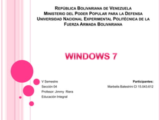 REPÚBLICA BOLIVARIANA DE VENEZUELA
   MINISTERIO DEL PODER POPULAR PARA LA DEFENSA
UNIVERSIDAD NACIONAL EXPERIMENTAL POLITÉCNICA DE LA
             FUERZA ARMADA BOLIVARIANA




  V Semestre                                     Participantes:
  Sección 04                   Marbelis Balestrini CI 15.043.612
  Profesor: Jimmy Riera
  Educación Integral
 