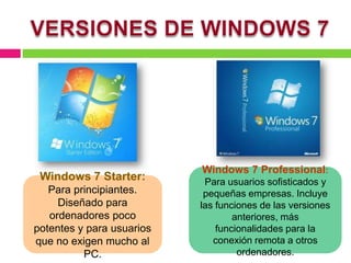 Windows 7 Professional:
 Windows 7 Starter:         Para usuarios sofisticados y
   Para principiantes.      pequeñas empresas. Incluye
     Diseñado para         las funciones de las versiones
   ordenadores poco                anteriores, más
potentes y para usuarios       funcionalidades para la
que no exigen mucho al        conexión remota a otros
          PC.                       ordenadores.
 