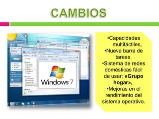 •Capacidades
     multitáctiles,
 •Nueva barra de
      tareas,
•Sistema de redes
 domésticas fácil
 de usar: «Grupo
     hogar»,
   •Mejoras en el
  rendimiento del
sistema operativo.
 