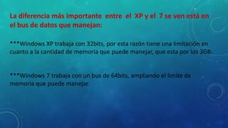 La diferencia más importante entre el XP y el 7 se ven está en
el bus de datos que manejan:
***Windows XP trabaja con 32bits, por esta razón tiene una limitación en
cuanto a la cantidad de memoria que puede manejar, que esta por los 3GB.

***Windows 7 trabaja con un bus de 64bits, ampliando el limite de
memoria que puede manejar.
.

 