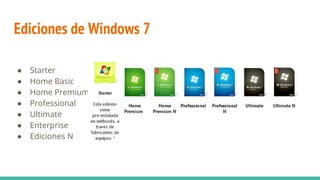 Ediciones de Windows 7
● Starter
● Home Basic
● Home Premium
● Professional
● Ultimate
● Enterprise
● Ediciones N
 