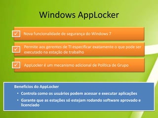 Grupo DomésticoO Grupo Doméstico elimina a dor de cabeça do compartilhamento de arquivos e impressoras em uma rede doméstica. Conecte dois ou mais computadores com o Windows 7, e automaticamente o compartilhamento de músicas, fotos, vídeos e documentos em bibliotecas estará pronto. O novo menu “Compartilhar com”, enquanto isso, fornece uma maneira rápida de compartilhar arquivos individuais. Preocupado com a sua privacidade? O Grupo Doméstico é protegido por senha e permite que você tenha controle total. Você decide o que é compartilhado—e o que permanece particular. Também é possível tornar seus arquivos "somente leitura", para que outras pessoas possam visualizar as suas coisas . Você pode ingressar em um grupo doméstico usando qualquer edição do Windows 7, mas só pode criar um nas edições Home Premium, Professional ou Ultimate