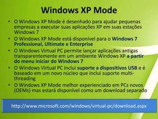 BibliotecasAs Bibliotecas tornam mais fácil localizar, trabalhar e organizar arquivos espalhados por seu computador ou pela rede. Uma biblioteca reúne arquivos sem importar onde realmente elas estão armazenadas. O resultado? Produtividade!O Windows 7 vem com bibliotecas para documentos, músicas, fotos e vídeos. Mas você pode personalizá-las ou criar suas próprias bibliotecas, com apenas alguns cliques. E isso não é tudo. Também é possível classificar rapidamente e mudar suas bibliotecas de lugar. Classificar documentos por tipo, fotos por data em que foram tiradas ou música por gênero. E compartilhe facilmente as bibliotecas com pessoas em uma rede local.