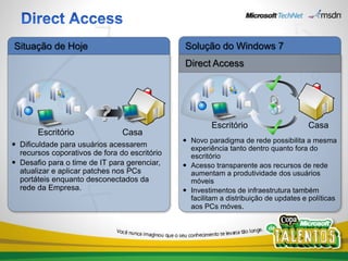 Situação de Hoje                               Solução do Windows 7
                                               Direct Access




                                                        Escritório                    Casa
       Escritório               Casa
                                                Novo paradigma de rede possibilita a mesma
 Dificuldade para usuários acessarem            experiência tanto dentro quanto fora do
  recursos coporativos de fora do escritório     escritório
 Desafio para o time de IT para gerenciar,     Acesso transparente aos recursos de rede
  atualizar e aplicar patches nos PCs            aumentam a produtividade dos usuários
  portáteis enquanto desconectados da            móveis
  rede da Empresa.                              Investimentos de infraestrutura também
                                                 facilitam a distribuição de updates e políticas
                                                 aos PCs móves.
 