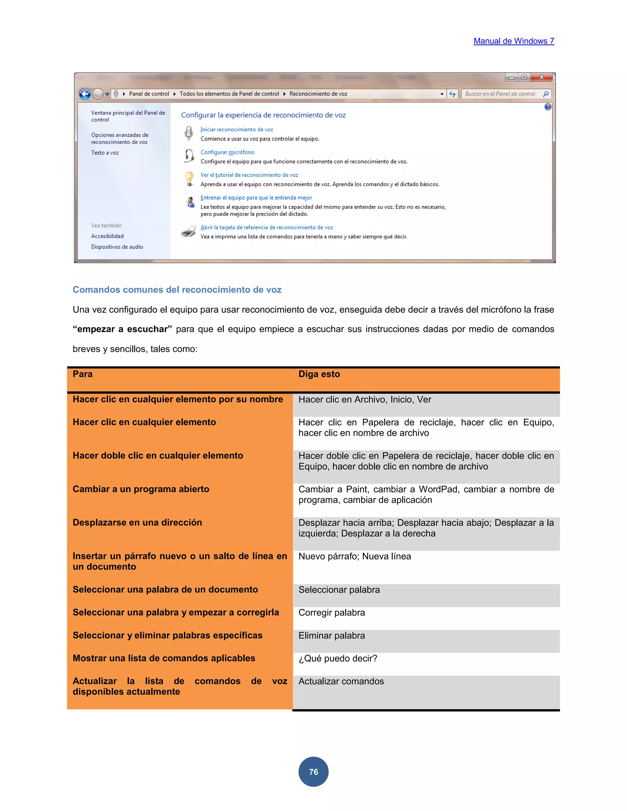 Manual de Windows 7

Comandos comunes del reconocimiento de voz
Una vez configurado el equipo para usar reconocimiento de voz, enseguida debe decir a través del micrófono la frase
“empezar a escuchar” para que el equipo empiece a escuchar sus instrucciones dadas por medio de comandos
breves y sencillos, tales como:
Para

Diga esto

Hacer clic en cualquier elemento por su nombre

Hacer clic en Archivo, Inicio, Ver

Hacer clic en cualquier elemento

Hacer clic en Papelera de reciclaje, hacer clic en Equipo,
hacer clic en nombre de archivo

Hacer doble clic en cualquier elemento

Hacer doble clic en Papelera de reciclaje, hacer doble clic en
Equipo, hacer doble clic en nombre de archivo

Cambiar a un programa abierto

Cambiar a Paint, cambiar a WordPad, cambiar a nombre de
programa, cambiar de aplicación

Desplazarse en una dirección

Desplazar hacia arriba; Desplazar hacia abajo; Desplazar a la
izquierda; Desplazar a la derecha

Insertar un párrafo nuevo o un salto de línea en
un documento

Nuevo párrafo; Nueva línea

Seleccionar una palabra de un documento

Seleccionar palabra

Seleccionar una palabra y empezar a corregirla

Corregir palabra

Seleccionar y eliminar palabras específicas

Eliminar palabra

Mostrar una lista de comandos aplicables

¿Qué puedo decir?

Actualizar la lista de
disponibles actualmente

comandos

de

voz

Actualizar comandos

76

 