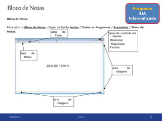BlocodeNotas
WINDOWS 7 AULA 1 39
Programa
EJA
Informatizado
 