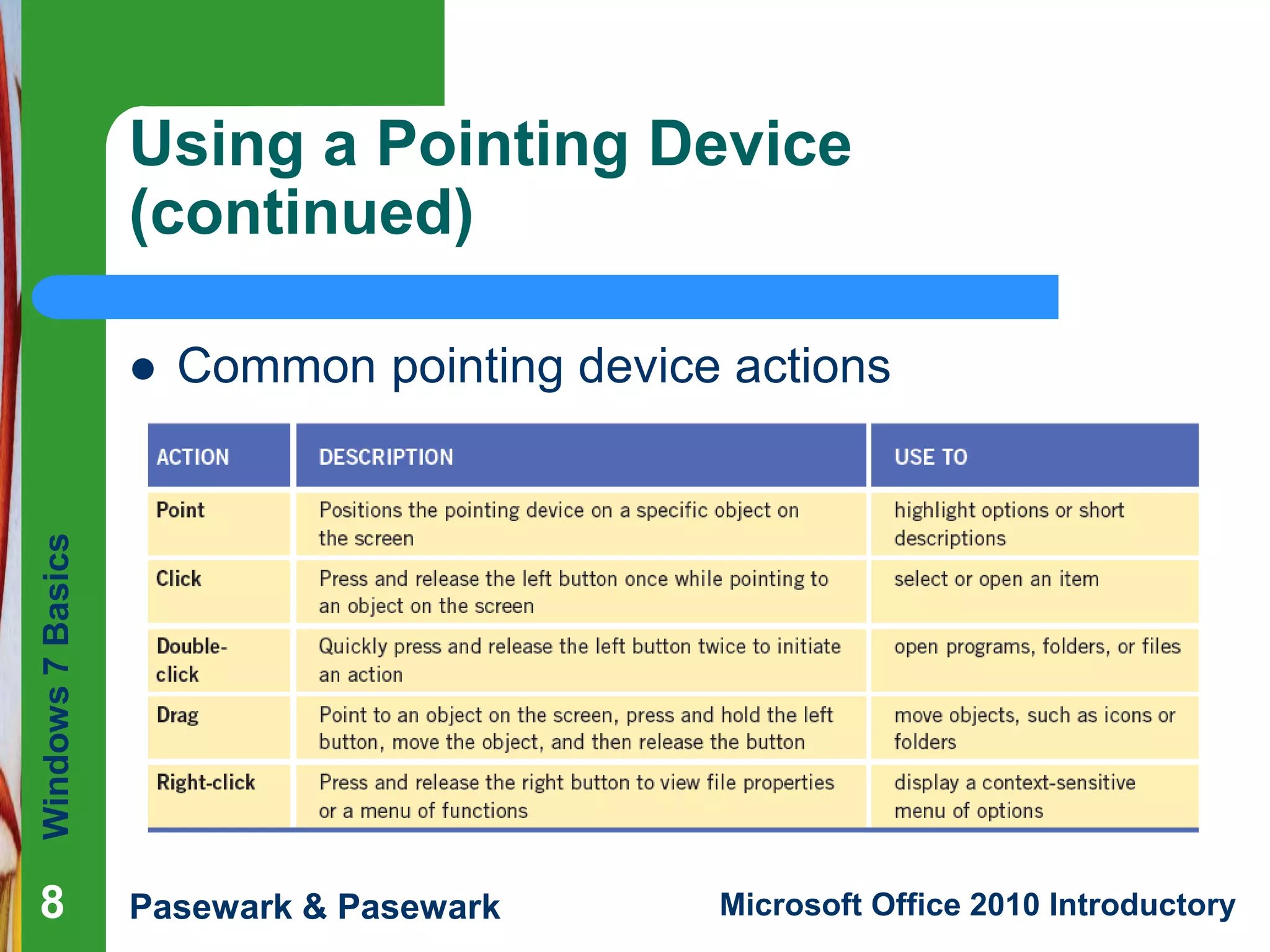 Windows7Basics
Pasewark & Pasewark Microsoft Office 2010 Introductory
Using a Pointing Device
(continued)
 Common pointing device actions
8
 