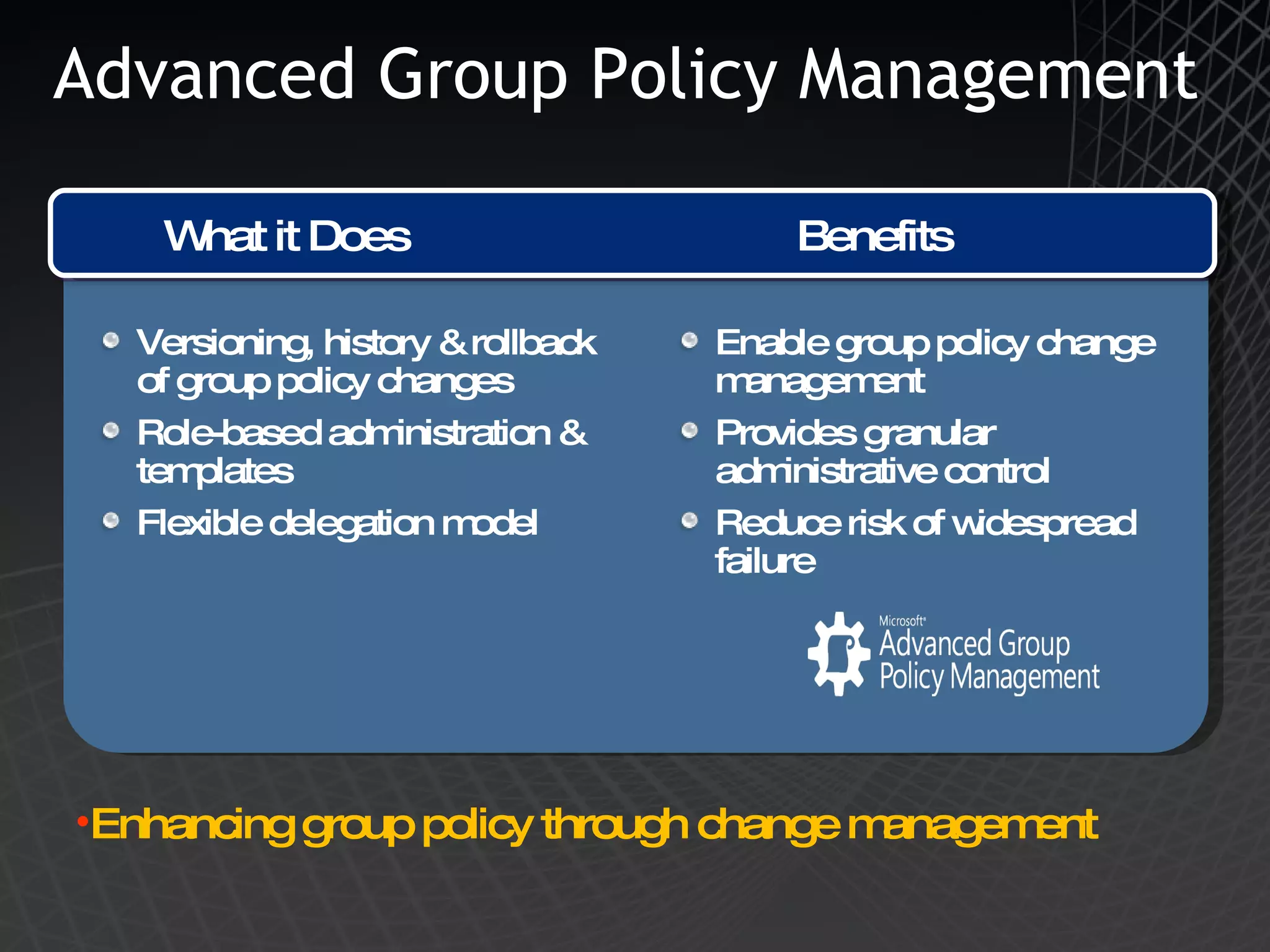 Advanced Group Policy Management Enable group policy change management Provides granular administrative control Reduce risk of widespread failure Versioning, history & rollback of group policy changes Role-based administration & templates Flexible delegation model What it Does Benefits Enhancing group policy through change management 
