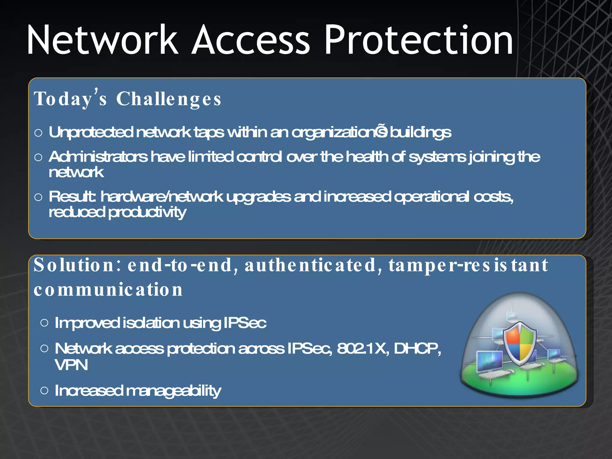 Network Access Protection Unprotected network taps within an organization’s buildings Administrators have limited control over the health of systems joining the network Result: hardware/network upgrades and increased operational costs, reduced productivity Today’s Challenges Solution: end-to-end, authenticated, tamper-resistant communication Improved isolation using IPSec Network access protection across IPSec, 802.1X, DHCP, VPN Increased manageability 
