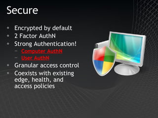 Secure Encrypted by default 2 Factor AuthN Strong Authentication! Computer AuthN User AuthN Granular access control Coexists with existing edge, health, and access policies 