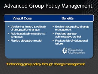 Advanced Group Policy Management Enable group policy change management Provides granular administrative control Reduce risk of widespread failure Versioning, history & rollback of group policy changes Role-based administration & templates Flexible delegation model What it Does Benefits Enhancing group policy through change management 