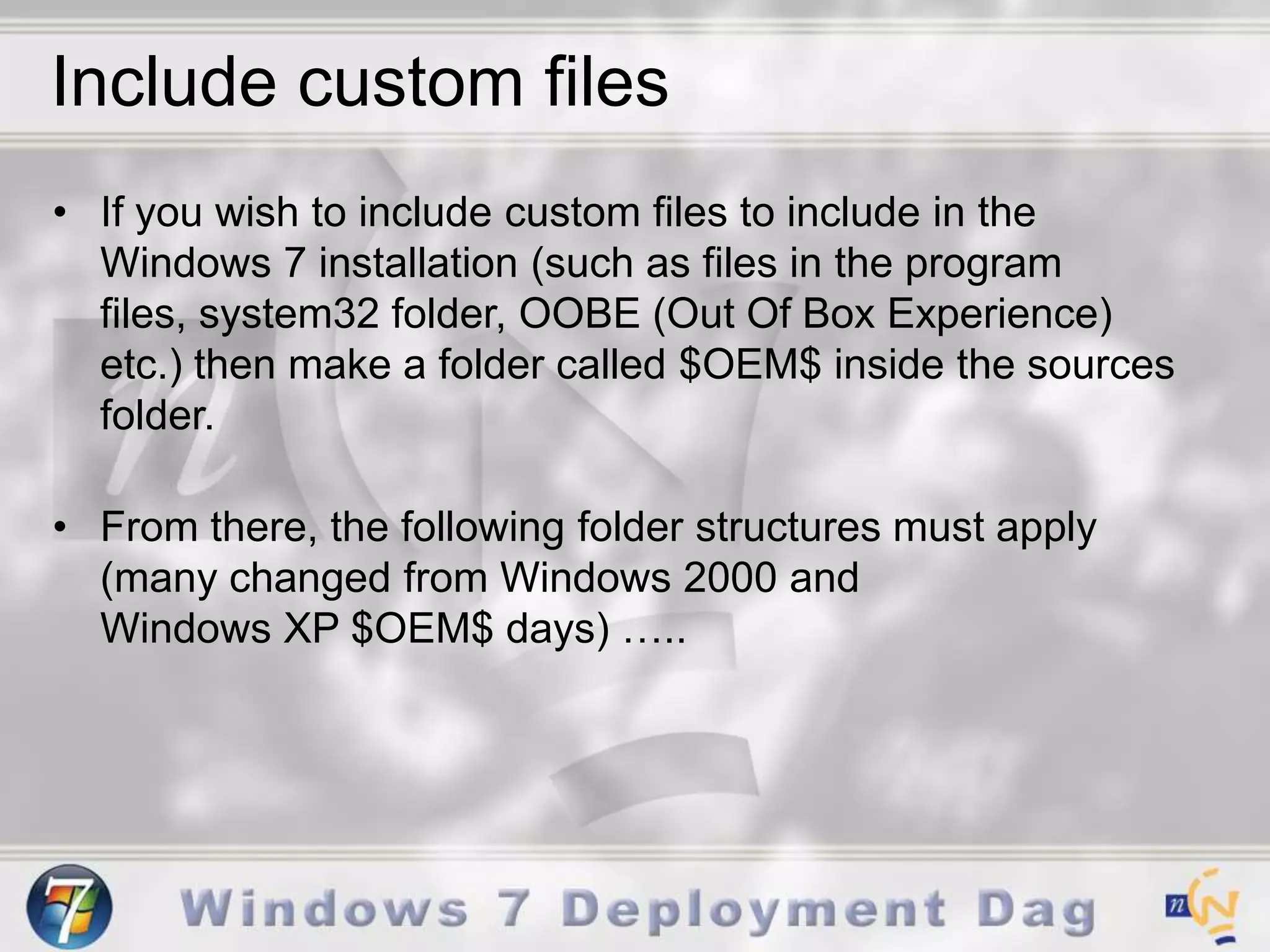 Passes - auditSystemProcesses unattended Setup settings while Windows 7 is running in system context, before a user logs on to the computer in audit mode. The auditSystem pass runs only if you boot in audit mode.
