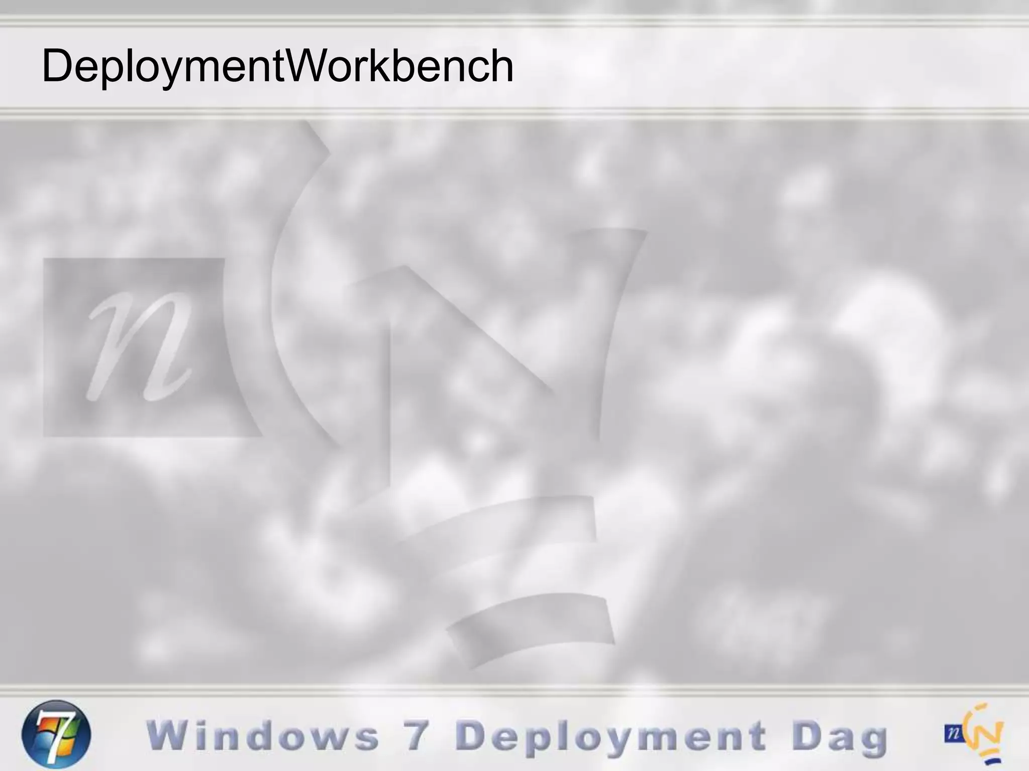 Deployment scenario’s - LTILite Touch InstallationAllows selection of the level of automationHas minimal infrastructure requirementsSupports deployments over a network using a shared folder or locally using removable storage such as a CD, DVD, or UFDThe deployment process can be initiated manually or automatically using Windows Deployment ServicesRequires little or no infrastructure to support deployment