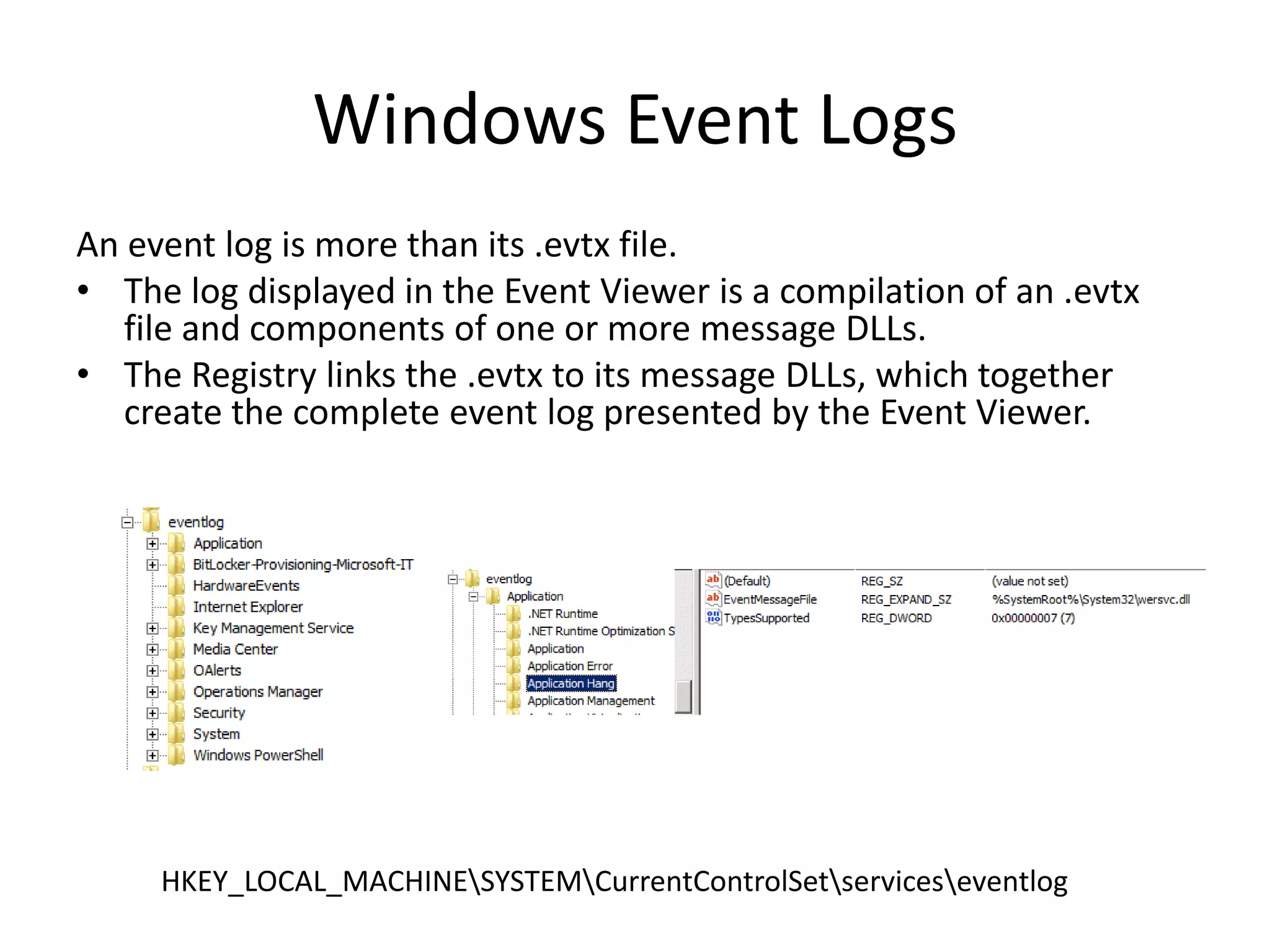 Windows Event Logs
An event log is more than its .evtx file.
• The log displayed in the Event Viewer is a compilation of an .evtx
   file and components of one or more message DLLs.
• The Registry links the .evtx to its message DLLs, which together
   create the complete event log presented by the Event Viewer.




     HKEY_LOCAL_MACHINESYSTEMCurrentControlSetserviceseventlog
 
