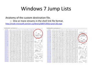 Windows 7 Jump Lists
Anatomy of the custom destination file.
– One or more streams in the shell link file format.
http://msdn.microsoft.com/en-us/library/dd871305(v=prot.10).aspx
 