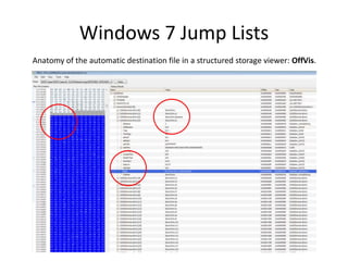 Windows 7 Jump Lists
Anatomy of the automatic destination file in a structured storage viewer: OffVis.
 