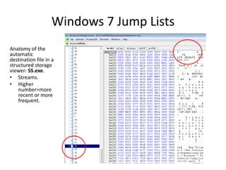 Windows 7 Jump Lists
Anatomy of the
automatic
destination file in a
structured storage
viewer: SS.exe.
• Streams.
• Higher
number=more
recent or more
frequent.
 