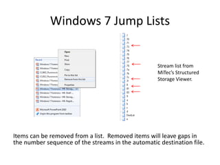 Windows 7 Jump Lists
Items can be removed from a list. Removed items will leave gaps in
the number sequence of the streams...