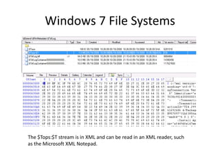 The $Tops:$T stream is in XML and can be read in an XML reader, such
as the Microsoft XML Notepad.
Windows 7 File Systems
 