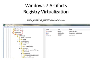 Windows 7 Artifacts
Registry Virtualization
HKEY_CURRENT_USERSoftwareClasses
 