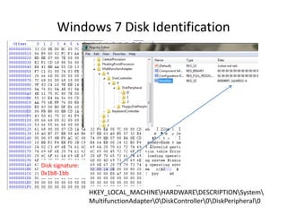 Windows 7 Disk Identification
Disk signature:
0x1b8-1bb
HKEY_LOCAL_MACHINEHARDWAREDESCRIPTIONSystem
MultifunctionAdapter0DiskController0DiskPeripheral0
 