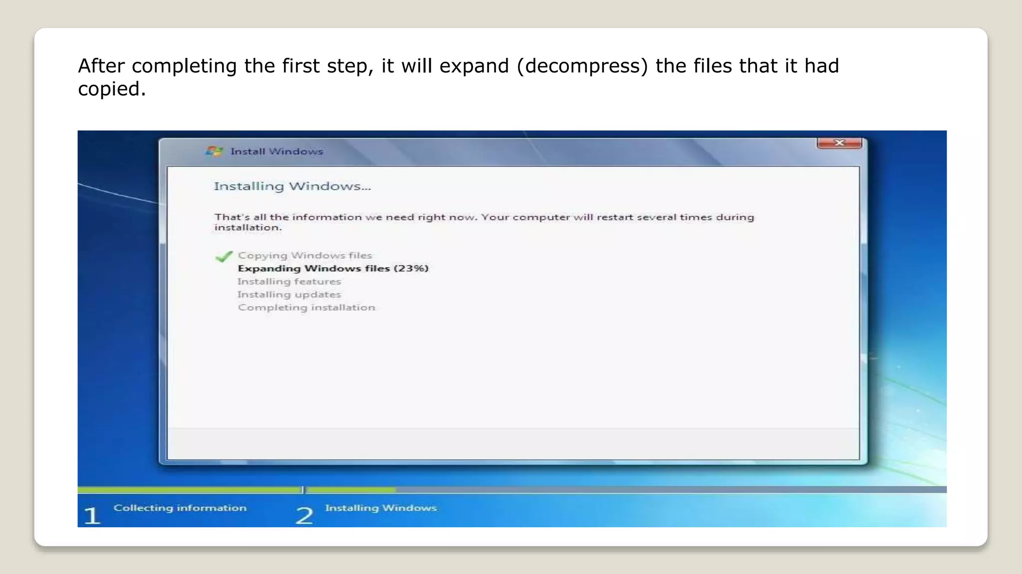 After completing the first step, it will expand (decompress) the files that it had
copied.
 