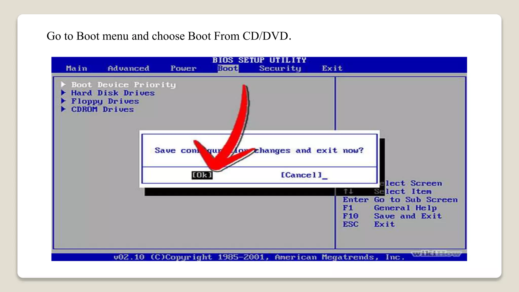 Go to Boot menu and choose Boot From CD/DVD.
 