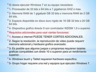 *Si desea ejecutar Windows 7 en su equipo necesitara:
*1- Procesador de 32 bits o 64 bits a 1 gigahercio GHZ o mas.
*2- Memoria RAM de 1 gigabyte GB 32 bits o memoria RAM de 2 GB
64 bits.
*3- Espacio disponible en disco duro rígido de 16 GB 32 bits o 20 GB
64 bits.
*4- Dispositivo grafico directx 9 con controlador WDDM 1,0 o superior.
*Requisitos adicionales para usar ciertas funciones:
*1- Acceso a internet PUEDE TENER CORTES ADICIONALES.
*2- Según la resolución, la reproducción de video puede requerir
memoria adicional y hardware grafico avanzado.
*3- Es posible que algunos juegos o programas requieren tarjetas
graficas compatibles con diretx 10 o superior para un rendimiento
superior.
*4- Windows touch y Tablet requieren hardware especifico.
*5- Grupo hogar requiere una red y equipos que ejecuten Windows 7.
 