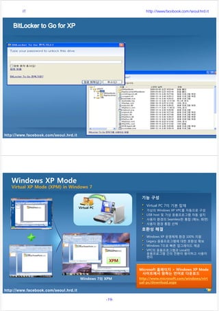 http://www.facebook.com/seoul.hrd.it
http://www.facebook.com/seoul.hrd.it
Windows XP Mode
Virtual XP Mode (XPM) in Windows 7
Windows 7의 XPM
기능 구성
Virtual PC 7이 기본 탑재
가상의 Windows XP VPC를 자동으로 구성
USB host 및 가상 응용프로그램 자동 설치
사용자 환경의 Seamless한 통합 (메뉴, 화면)
사용자 환경 통합 선택
호환성 해결
Windows XP 운영체제 환경 100% 지원
Legacy 응용프로그램에 대한 호환성 확보
Windows 7으로 빠른 업그레이드 제공
VPC의 응용프로그램과 Local의
응용프로그램 간의 전환이 용이하고 사용이
편리
Virtual PC
Microsoft 홈페이지 > Windows XP Mode
사이트에서 원하는 언어로 다운로드
http://www.microsoft.com/windows/virt
ual-pc/download.aspx
서울시 IT 전문교육 http://www.facebook.com/seoul.hrd.it
-19- 서울시인재개발원
 