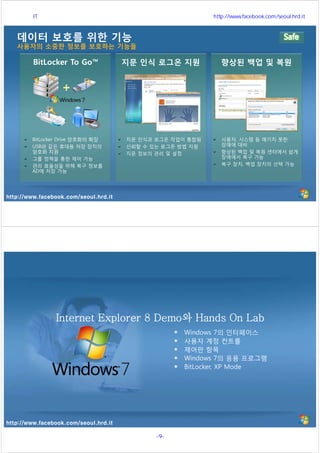 http://www.facebook.com/seoul.hrd.it
데이터 보호를 위한 기능
사용자의 소중한 정보를 보호하는 기능들
지문 인식 로그온 지원 향상된 백업 및 복원
지문 인식과 로그온 작업이 통합됨
신뢰할 수 있는 로그온 방법 지원
지문 정보의 관리 및 설정
사용자, 시스템 등 예기치 못한
장애에 대비
향상된 백업 및 복원 센터에서 쉽게
장애에서 복구 가능
복구 장치, 백업 장치의 선택 가능
BitLocker To Go™
BitLocker Drive 암호화의 확장
USB와 같은 휴대용 저장 장치의
암호화 지원
그룹 정책을 통한 제어 가능
관리 효율성을 위해 복구 정보를
AD에 저장 가능
+
http://www.facebook.com/seoul.hrd.it
Windows 7의 인터페이스
사용자 계정 컨트롤
제어판 항목
Windows 7의 응용 프로그램
BitLocker, XP Mode
Internet Explorer 8 Demo와 Hands On Lab
서울시 IT 전문교육 http://www.facebook.com/seoul.hrd.it
-9- 서울시인재개발원
 