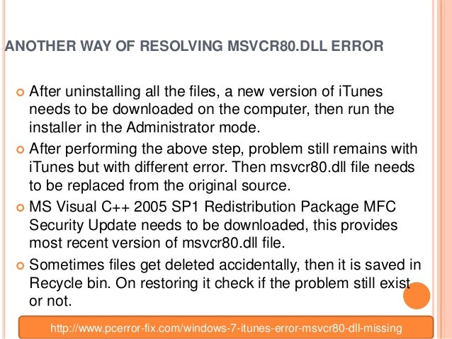 Windows 7 itunes error msvcr80