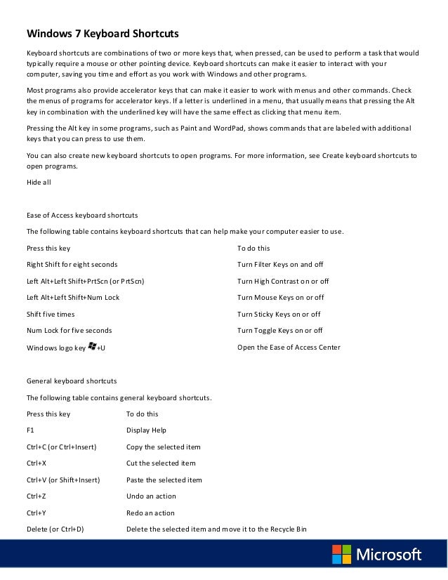 Windows 7 Keyboard Shortcuts
