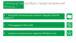 4. Быстрый полноценный интернет-браузер Internet
Explorer 9


5.   Техподдержка Microsoft


6.   Широкие возможности сервисов Windows Live
 